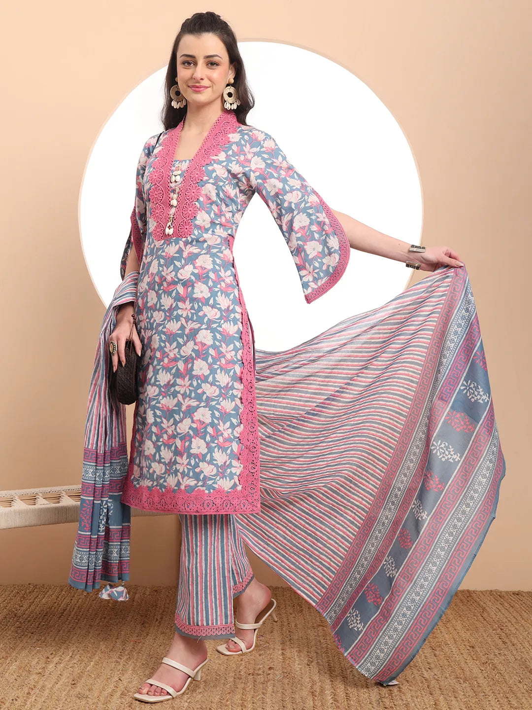 Yufta Cotton Blue Kurta Dupatta Set With Lace Detailing