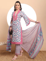 Thumbnail for Yufta Cotton Blue Kurta Dupatta Set With Lace Detailing