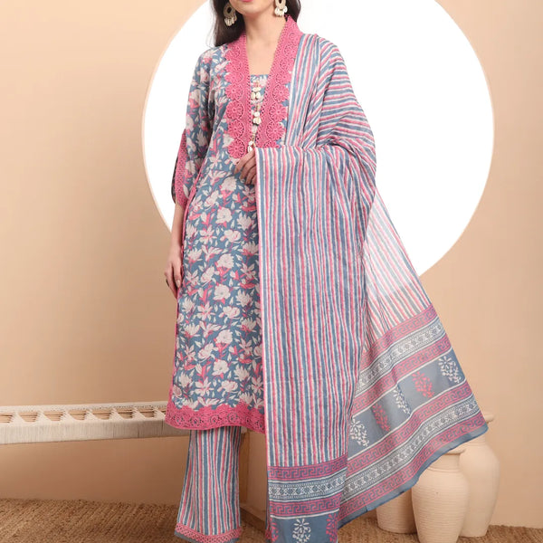 Yufta Cotton Blue Kurta Dupatta Set With Lace Detailing - Distacart