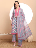 Thumbnail for Yufta Cotton Blue Kurta Dupatta Set With Lace Detailing