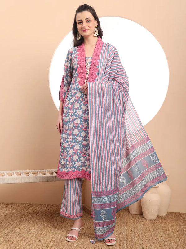 Yufta Cotton Blue Kurta Dupatta Set With Lace Detailing