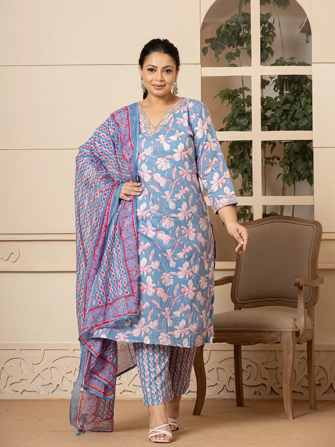Yufta Cotton Blue Plus Size Kurta Dupatta Pant Set - Distacart