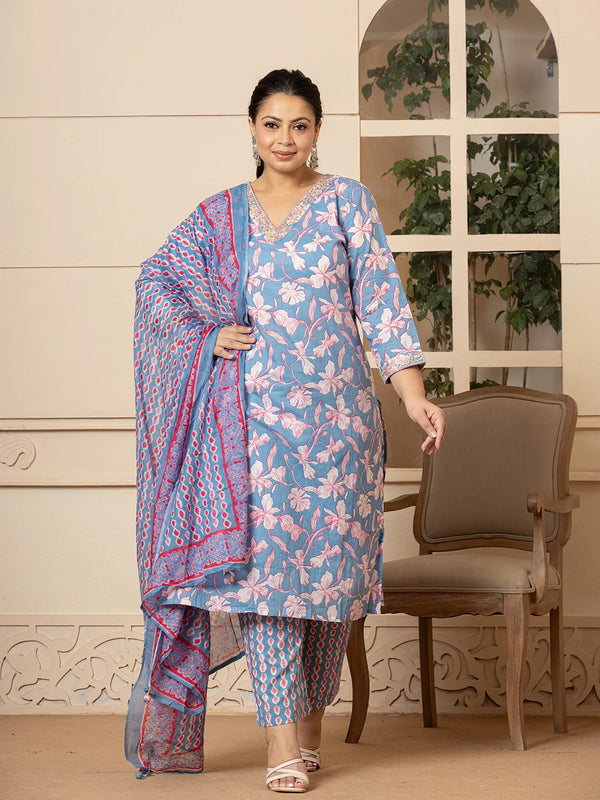 Yufta Cotton Blue Plus Size Kurta Dupatta Pant Set - Distacart