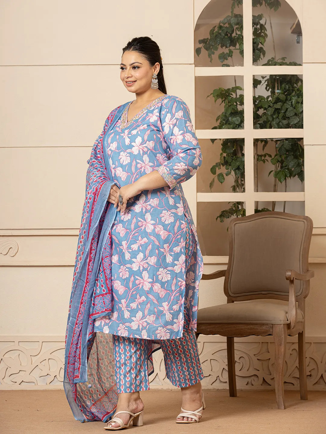 Yufta Cotton Blue Plus Size Kurta Dupatta Pant Set - Distacart