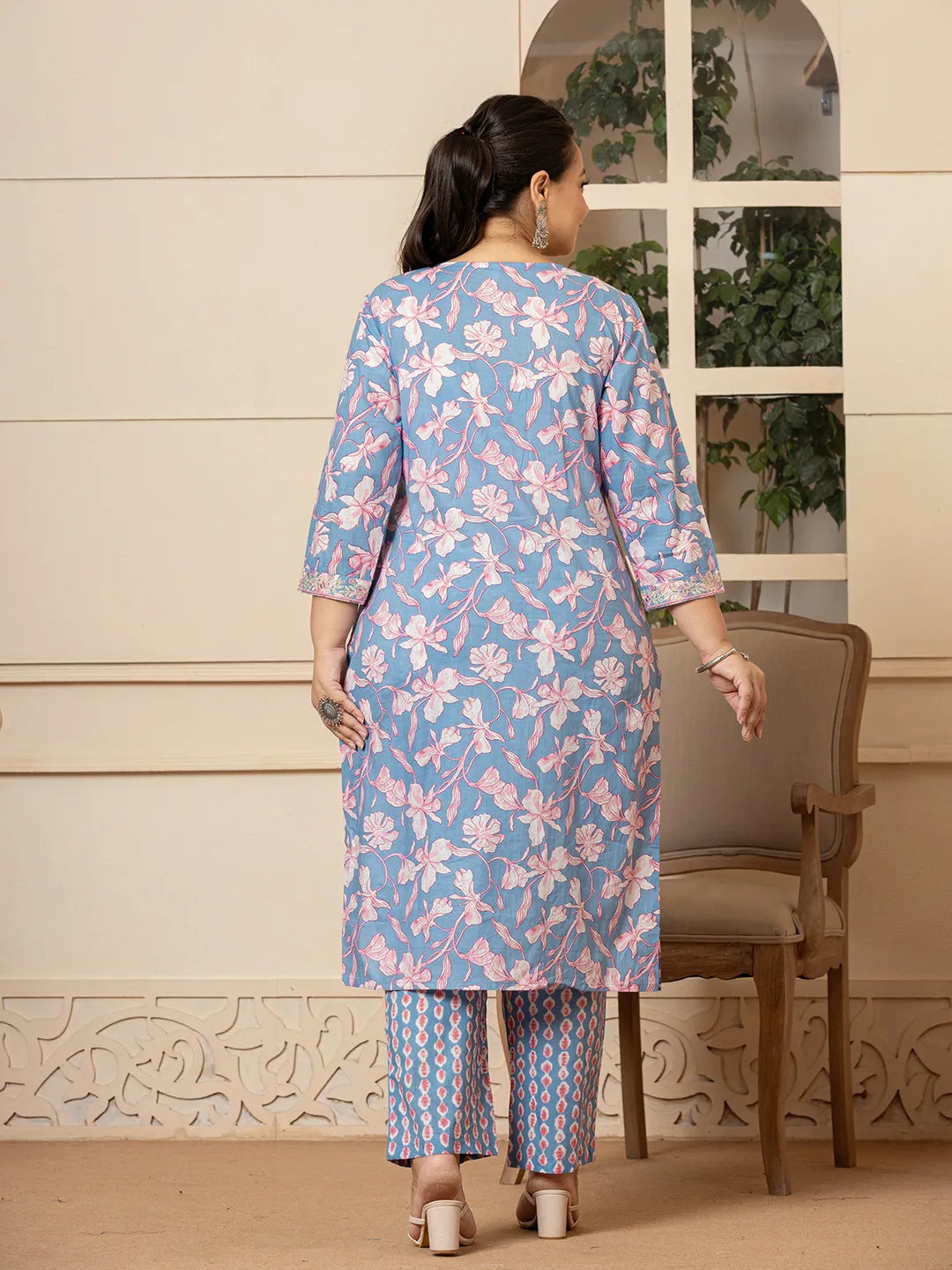 Yufta Cotton Blue Plus Size Kurta Dupatta Pant Set - Distacart