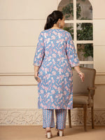 Thumbnail for Yufta Cotton Blue Plus Size Kurta Dupatta Pant Set - Distacart