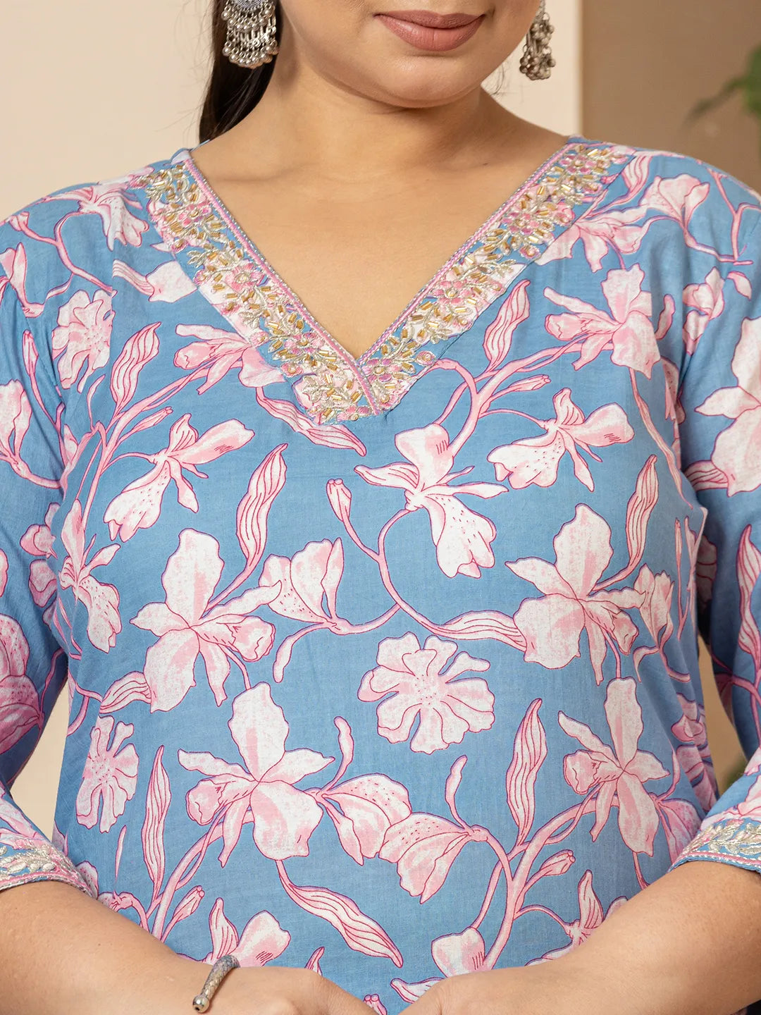 Yufta Cotton Blue Plus Size Kurta Dupatta Pant Set - Distacart