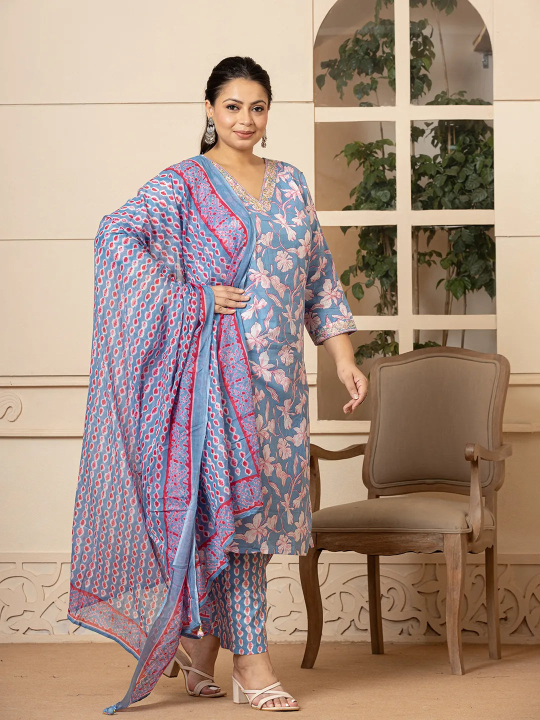 Yufta Cotton Blue Plus Size Kurta Dupatta Pant Set - Distacart