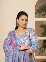Thumbnail for Yufta Cotton Blue Plus Size Kurta Dupatta Pant Set - Distacart