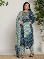 Thumbnail for Yufta Cotton Blue Printed Plus Size Kurta Dupatta Set