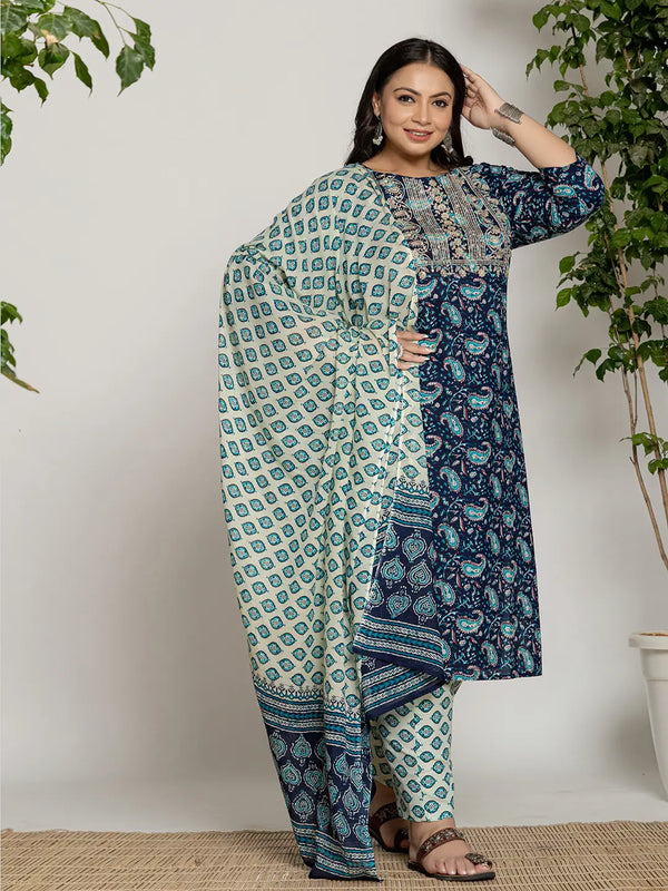 Yufta Cotton Blue Printed Plus Size Kurta Dupatta Set