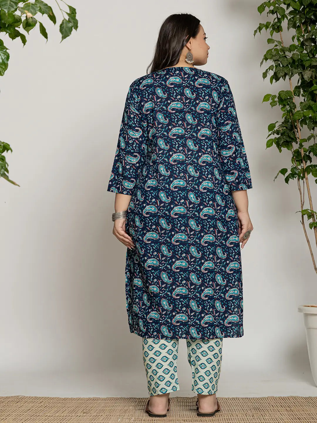 Yufta Cotton Blue Printed Plus Size Kurta Dupatta Set