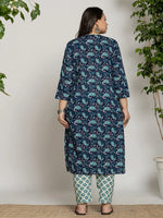 Thumbnail for Yufta Cotton Blue Printed Plus Size Kurta Dupatta Set