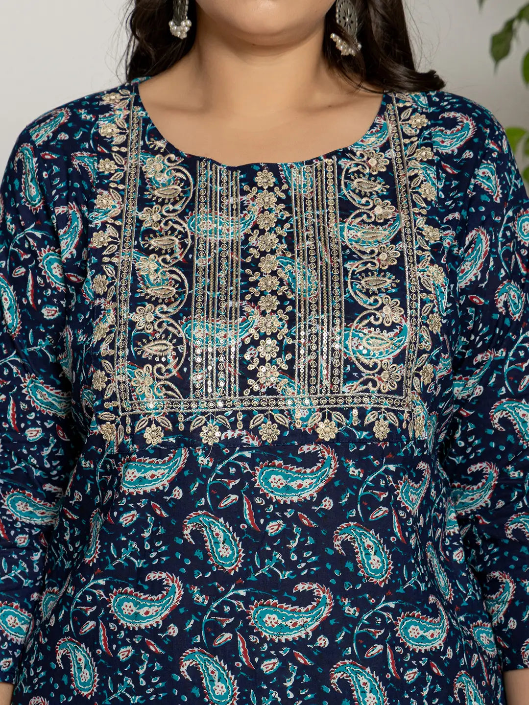 Yufta Cotton Blue Printed Plus Size Kurta Dupatta Set