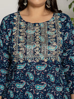 Thumbnail for Yufta Cotton Blue Printed Plus Size Kurta Dupatta Set