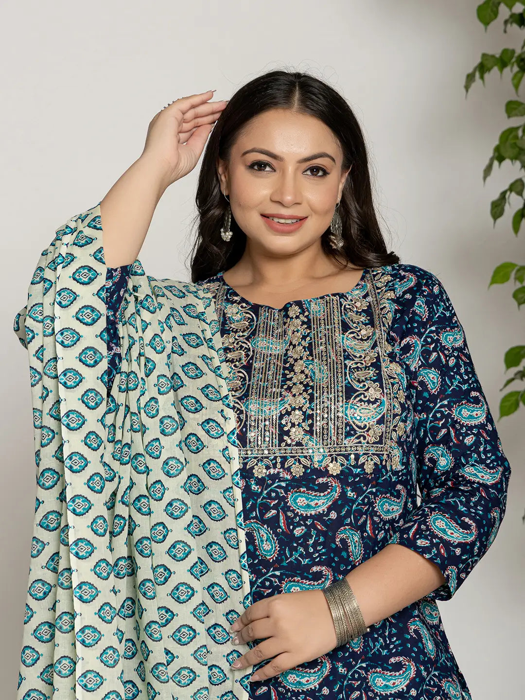 Yufta Cotton Blue Printed Plus Size Kurta Dupatta Set