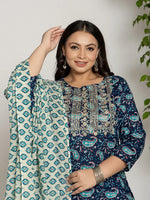 Thumbnail for Yufta Cotton Blue Printed Plus Size Kurta Dupatta Set