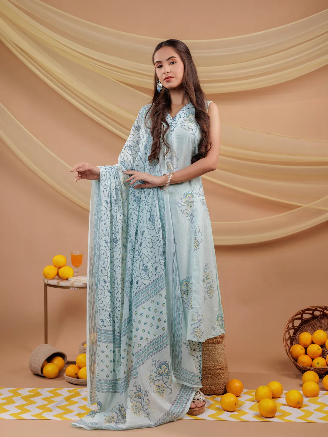 Yufta Cotton Blue Sleeveless Kurta Dupatta Set - Distacart
