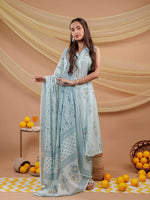 Thumbnail for Yufta Cotton Blue Sleeveless Kurta Dupatta Set