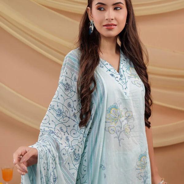Yufta Cotton Blue Sleeveless Kurta Dupatta Set - Distacart