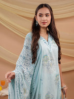Thumbnail for Yufta Cotton Blue Sleeveless Kurta Dupatta Set