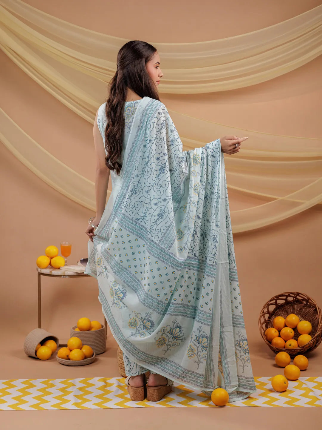 Yufta Cotton Blue Sleeveless Kurta Dupatta Set