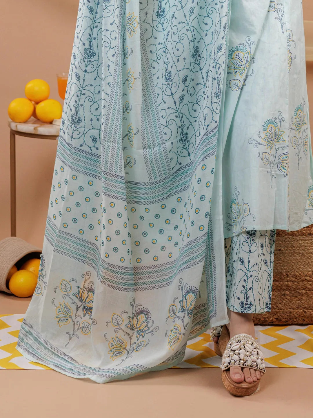 Yufta Cotton Blue Sleeveless Kurta Dupatta Set