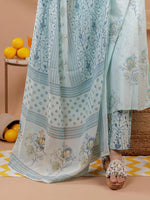Thumbnail for Yufta Cotton Blue Sleeveless Kurta Dupatta Set