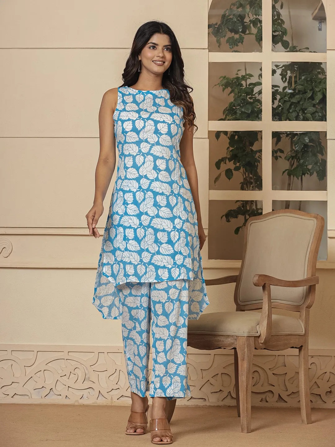 Yufta Cotton Blue Summer Leaf Print Co-Ord Set - Distacart