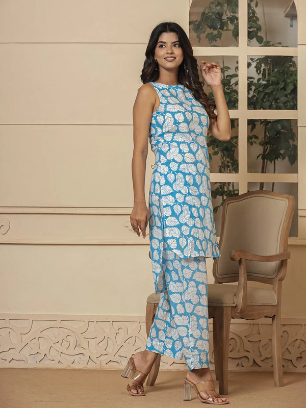 Yufta Cotton Blue Summer Leaf Print Co-Ord Set