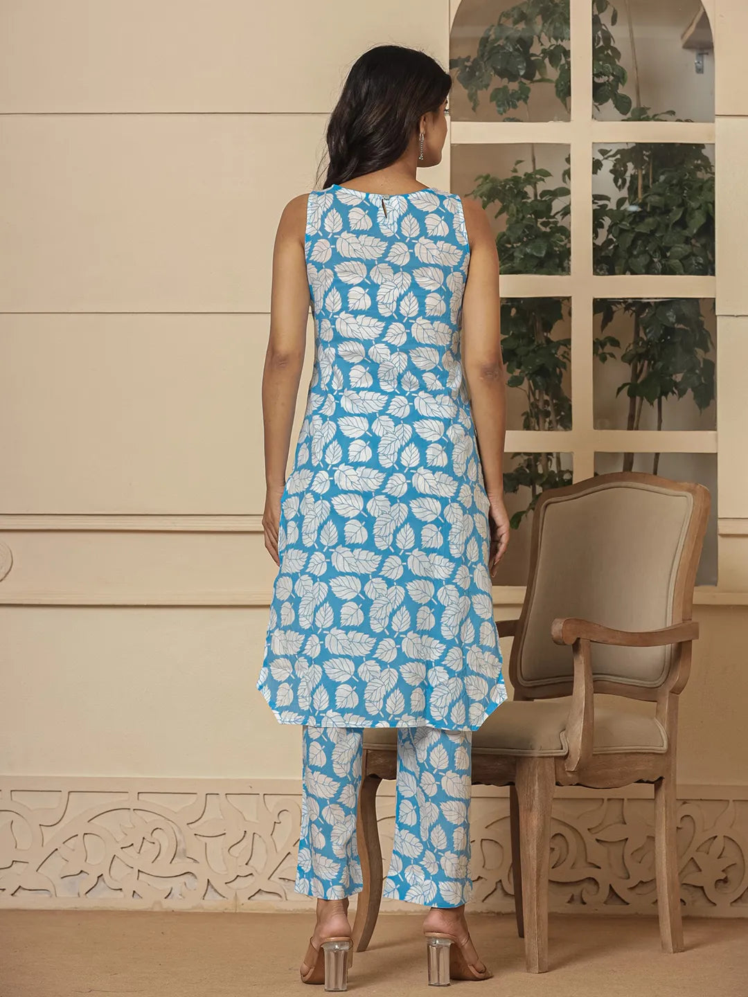 Yufta Cotton Blue Summer Leaf Print Co-Ord Set