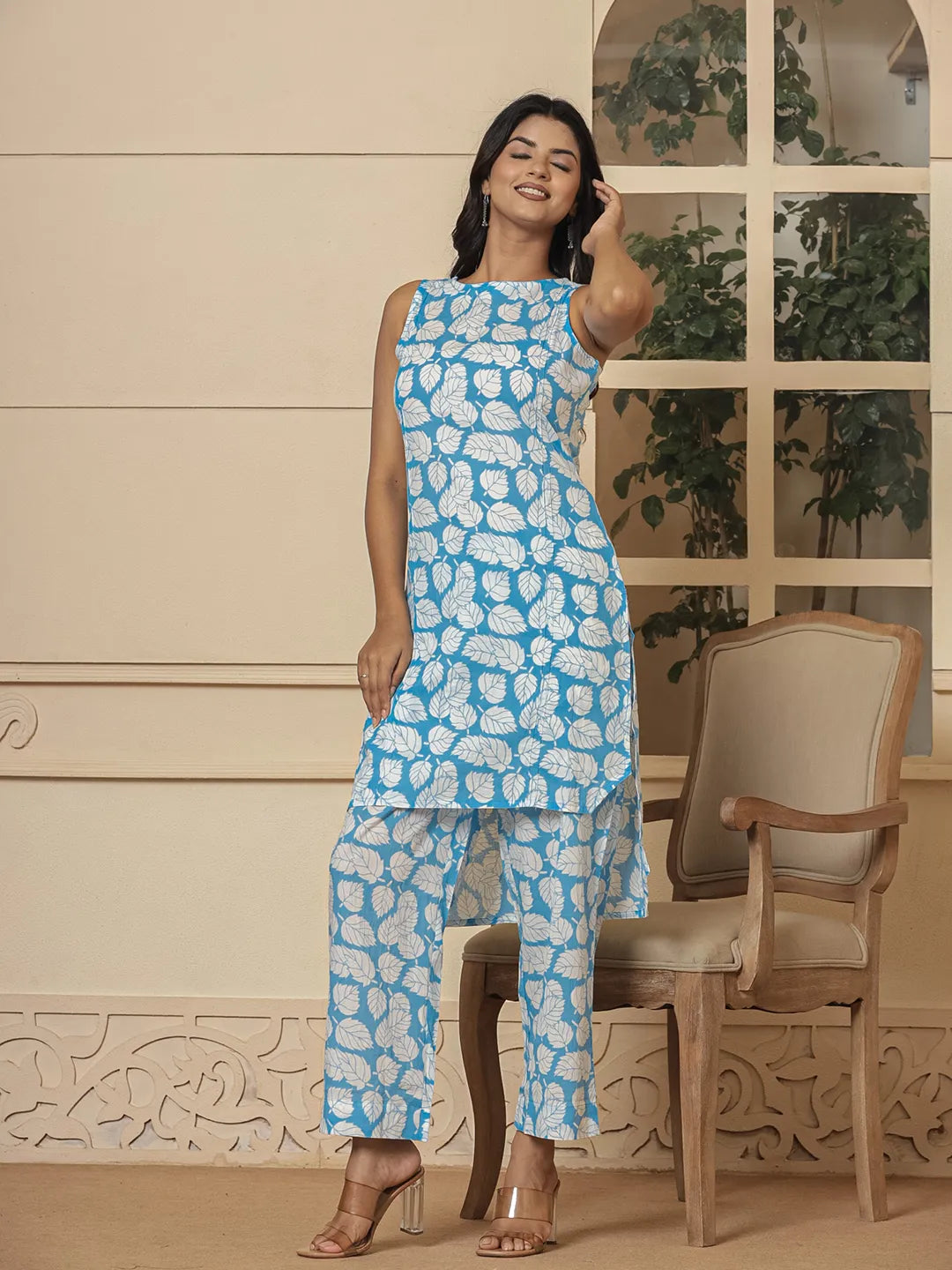 Yufta Cotton Blue Summer Leaf Print Co-Ord Set