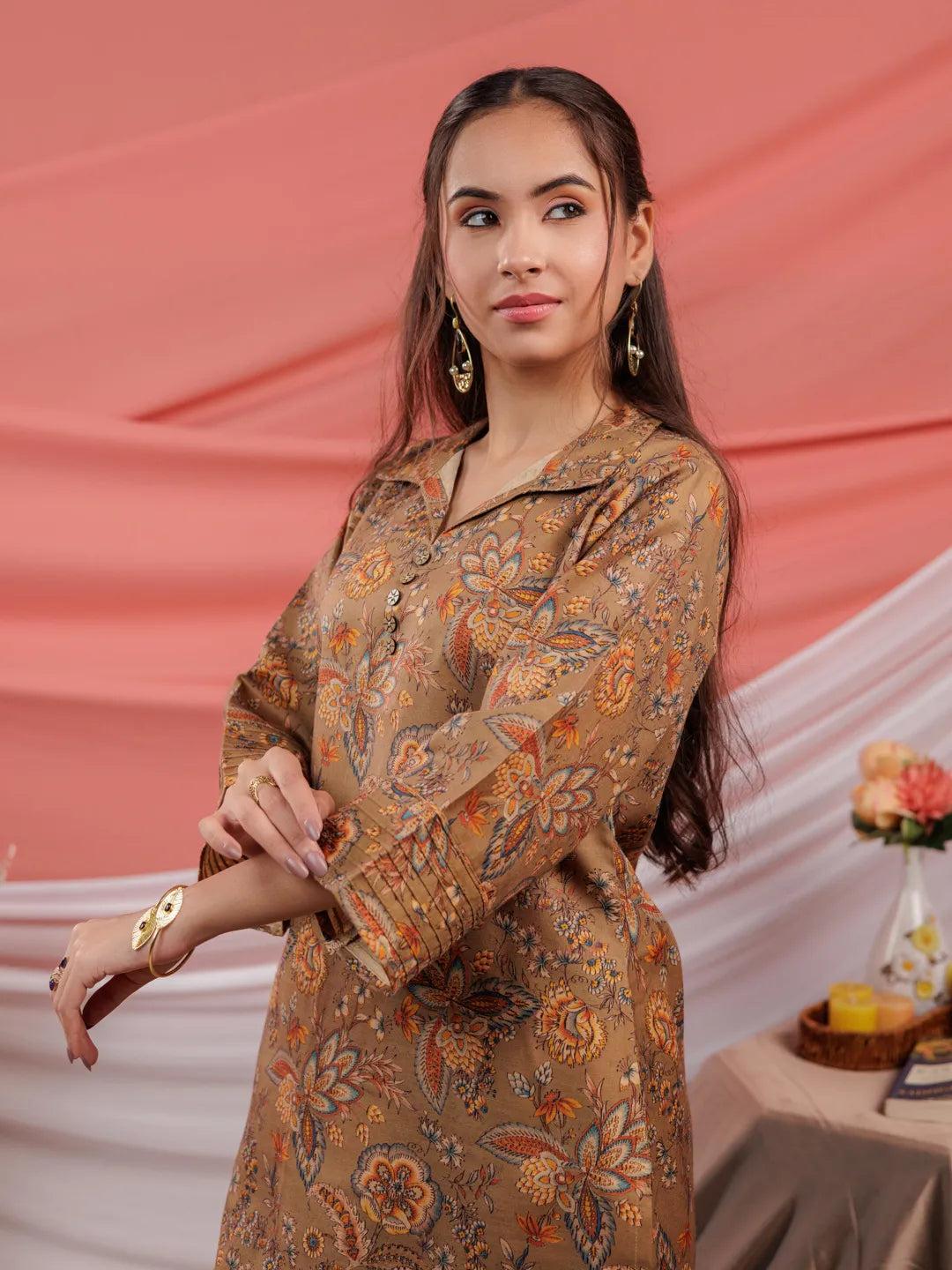 Yufta Cotton Brown Digital Printed Work Wear Co-Ord Set With Pintuck Detailing On Sleeves - Distacart