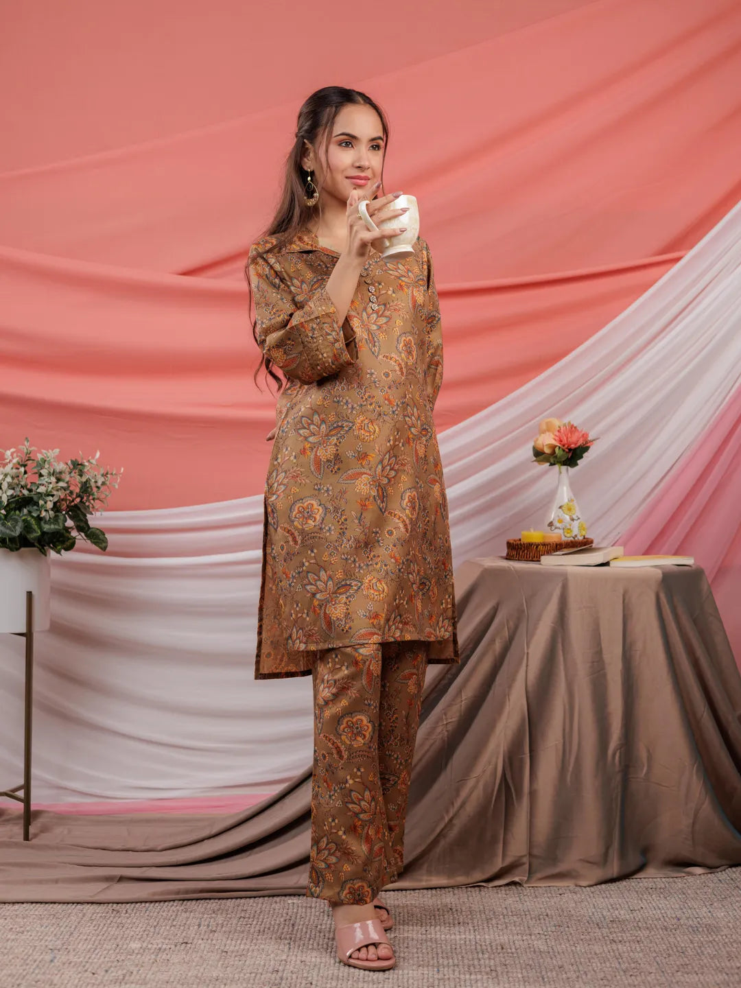 Yufta Cotton Brown Digital Printed Work Wear Co-Ord Set With Pintuck Detailing On Sleeves - Distacart