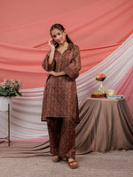 Thumbnail for Yufta Cotton Brown Digital Printed Workwear Co-Ord Set With Pintuck Detailing On Flared Sleeves