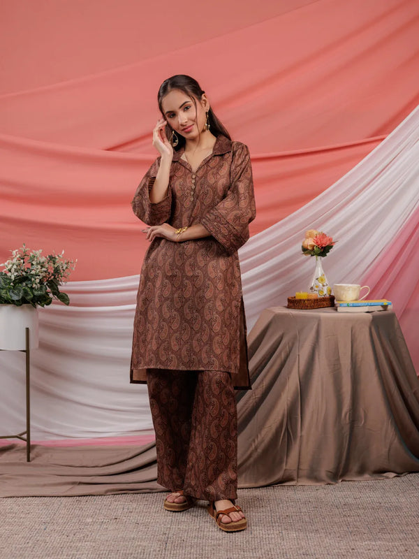 Yufta Cotton Brown Digital Printed Workwear Co-Ord Set With Pintuck Detailing On Flared Sleeves