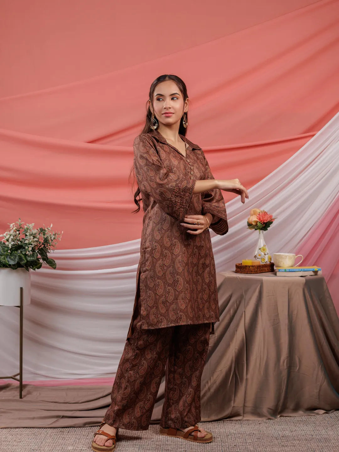 Yufta Cotton Brown Digital Printed Workwear Co-Ord Set With Pintuck Detailing On Flared Sleeves - Distacart