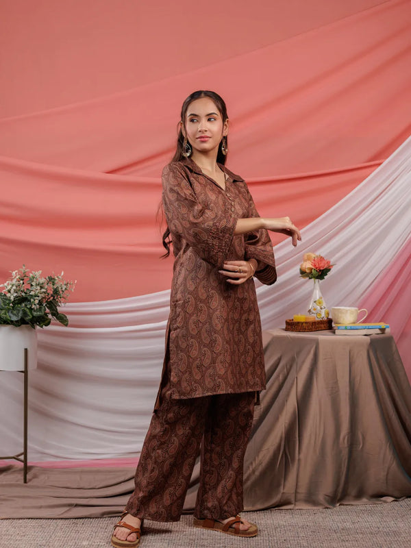 Yufta Cotton Brown Digital Printed Workwear Co-Ord Set With Pintuck Detailing On Flared Sleeves