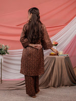 Thumbnail for Yufta Cotton Brown Digital Printed Workwear Co-Ord Set With Pintuck Detailing On Flared Sleeves