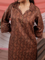 Thumbnail for Yufta Cotton Brown Digital Printed Workwear Co-Ord Set With Pintuck Detailing On Flared Sleeves