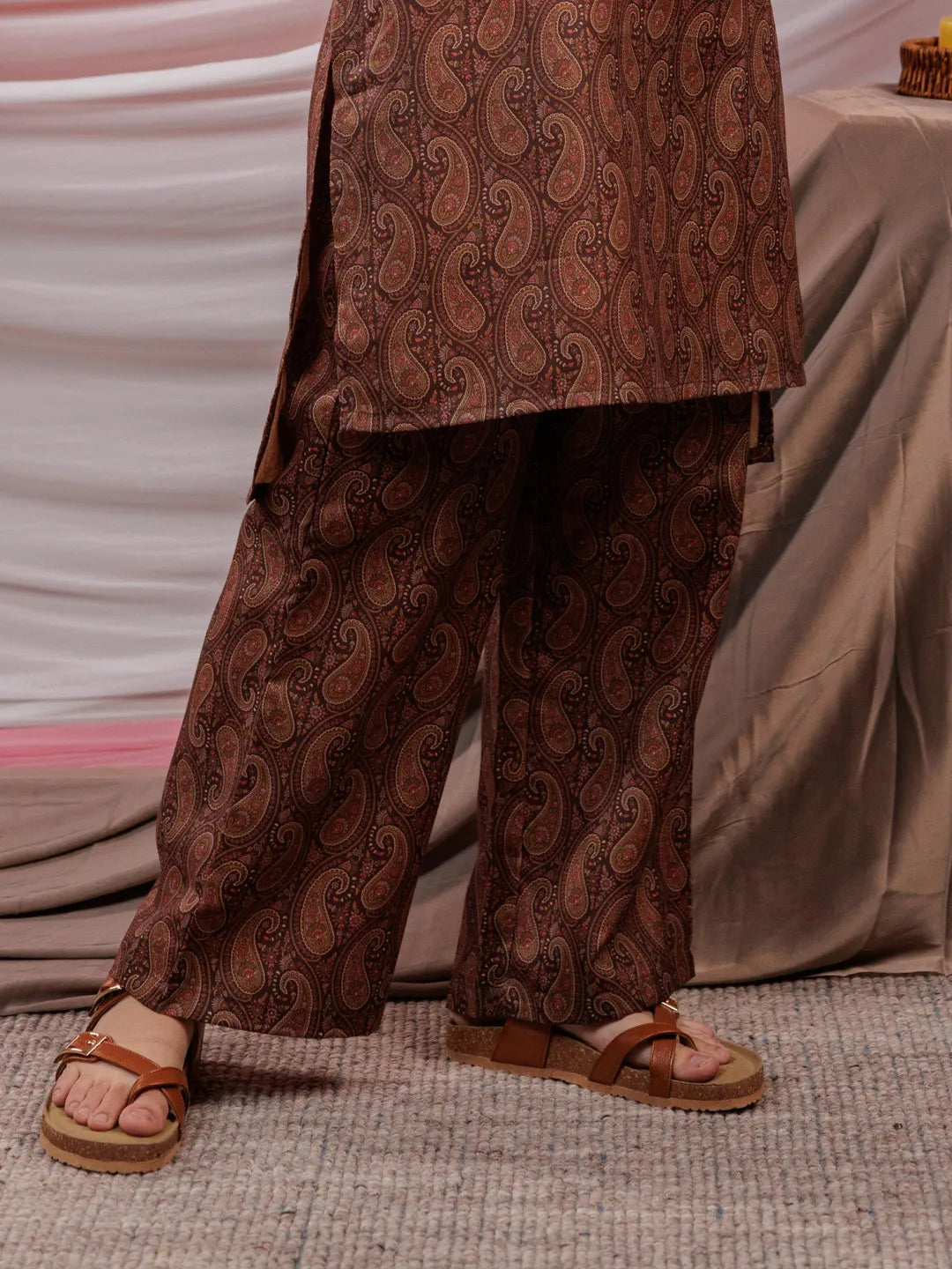 Yufta Cotton Brown Digital Printed Workwear Co-Ord Set With Pintuck Detailing On Flared Sleeves