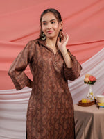 Thumbnail for Yufta Cotton Brown Digital Printed Workwear Co-Ord Set With Pintuck Detailing On Flared Sleeves