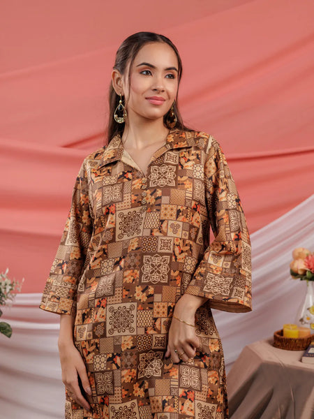 Yufta Cotton Brown Digital Printed Workwear Co-Ord Set With Pintuck Detailing On Sleeves