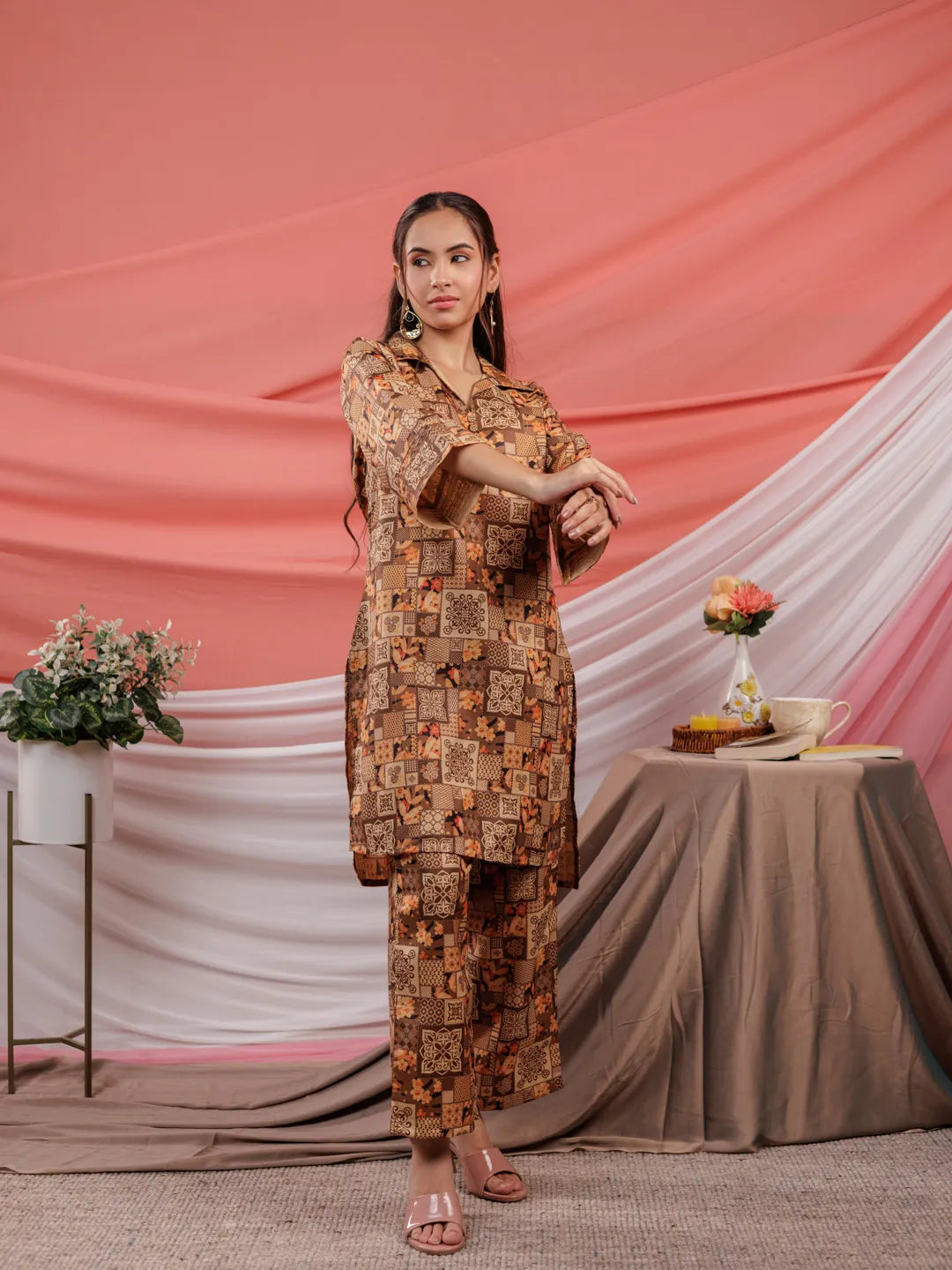 Yufta Cotton Brown Digital Printed Workwear Co-Ord Set With Pintuck Detailing On Sleeves - Distacart