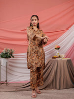 Thumbnail for Yufta Cotton Brown Digital Printed Workwear Co-Ord Set With Pintuck Detailing On Sleeves