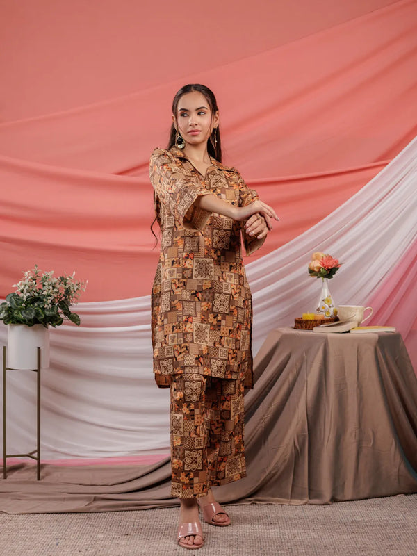 Yufta Cotton Brown Digital Printed Workwear Co-Ord Set With Pintuck Detailing On Sleeves