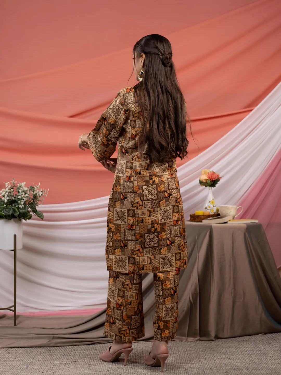 Yufta Cotton Brown Digital Printed Workwear Co-Ord Set With Pintuck Detailing On Sleeves