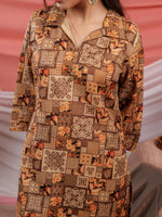 Thumbnail for Yufta Cotton Brown Digital Printed Workwear Co-Ord Set With Pintuck Detailing On Sleeves