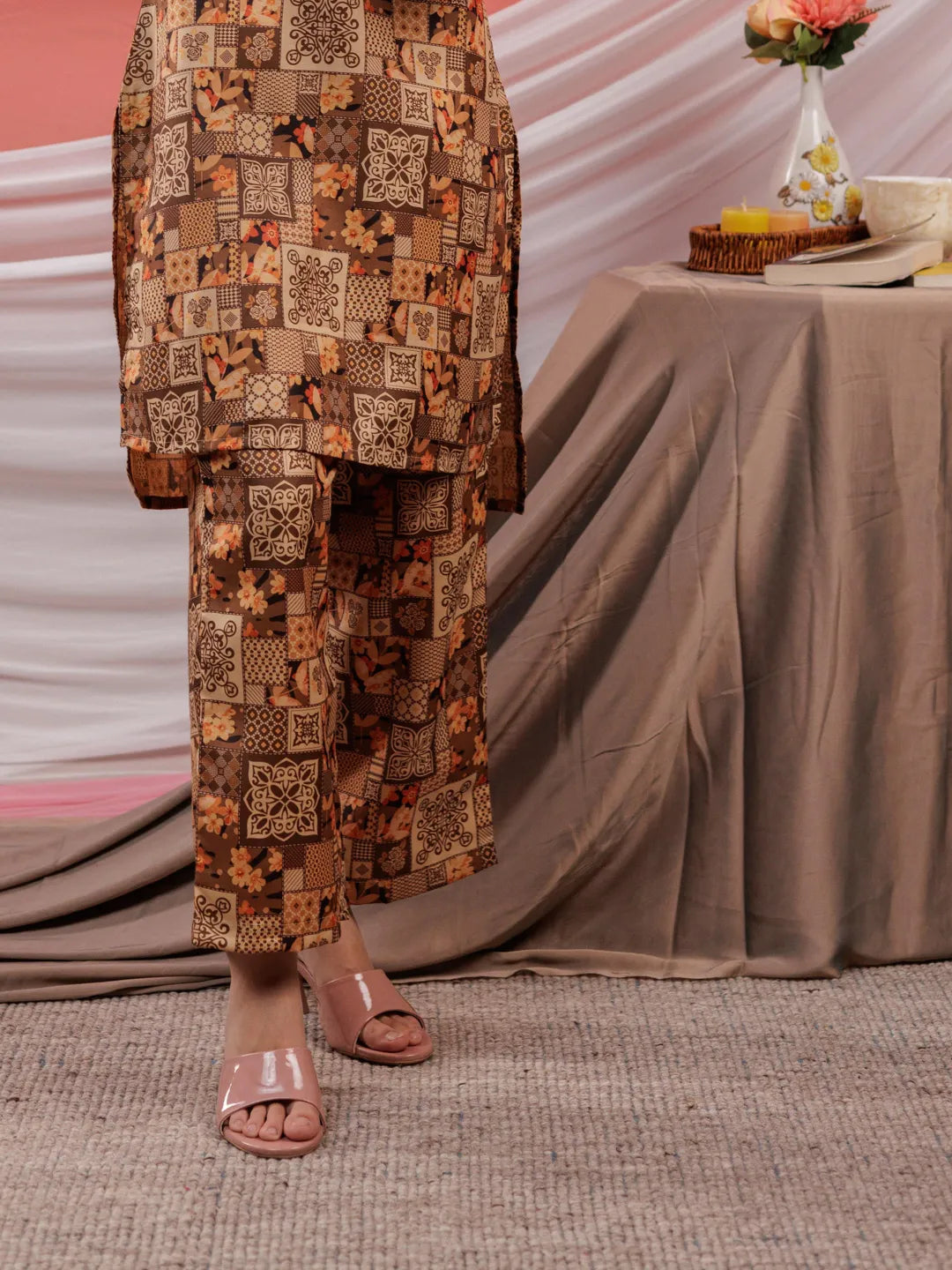 Yufta Cotton Brown Digital Printed Workwear Co-Ord Set With Pintuck Detailing On Sleeves