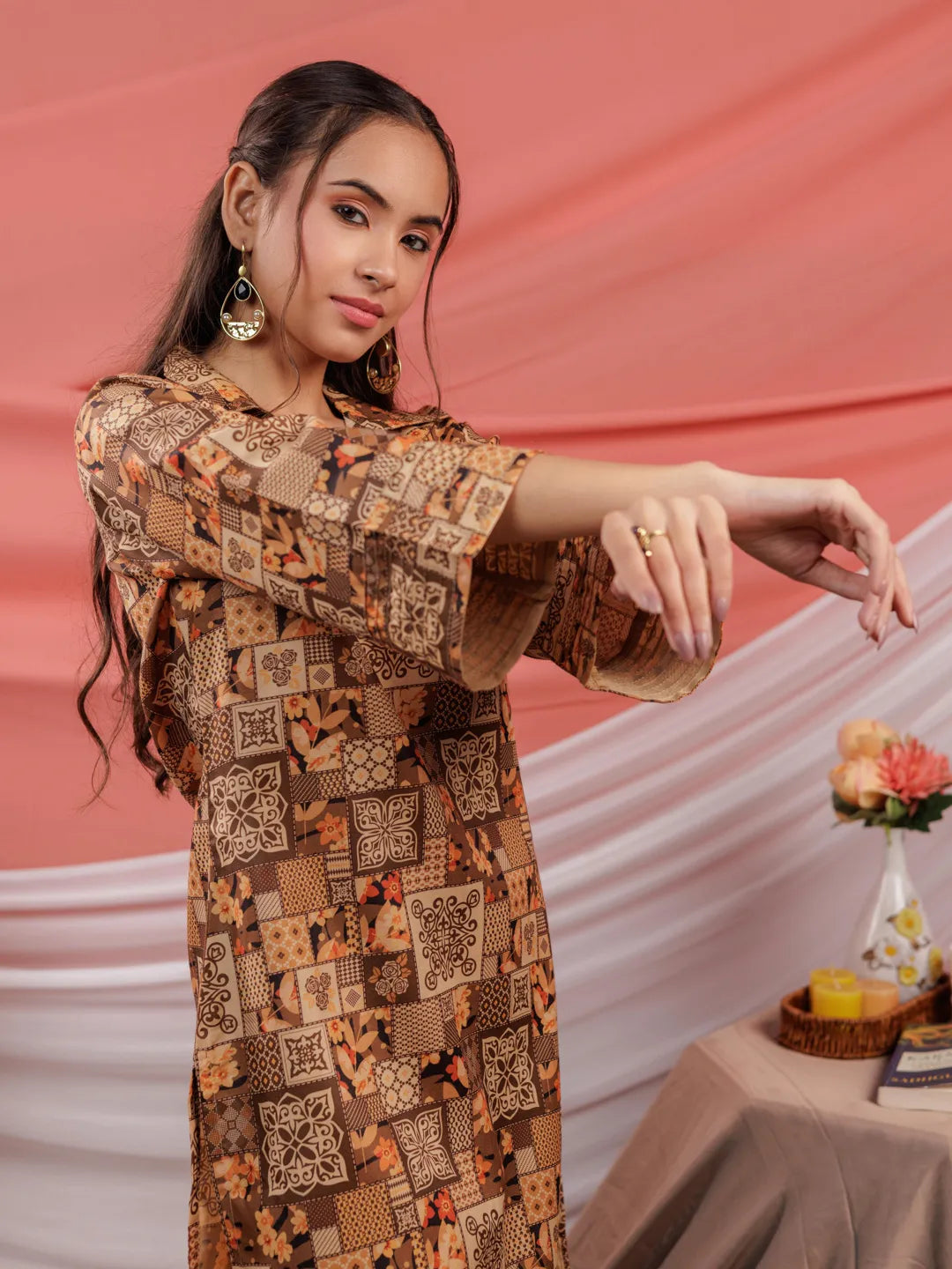 Yufta Cotton Brown Digital Printed Workwear Co-Ord Set With Pintuck Detailing On Sleeves